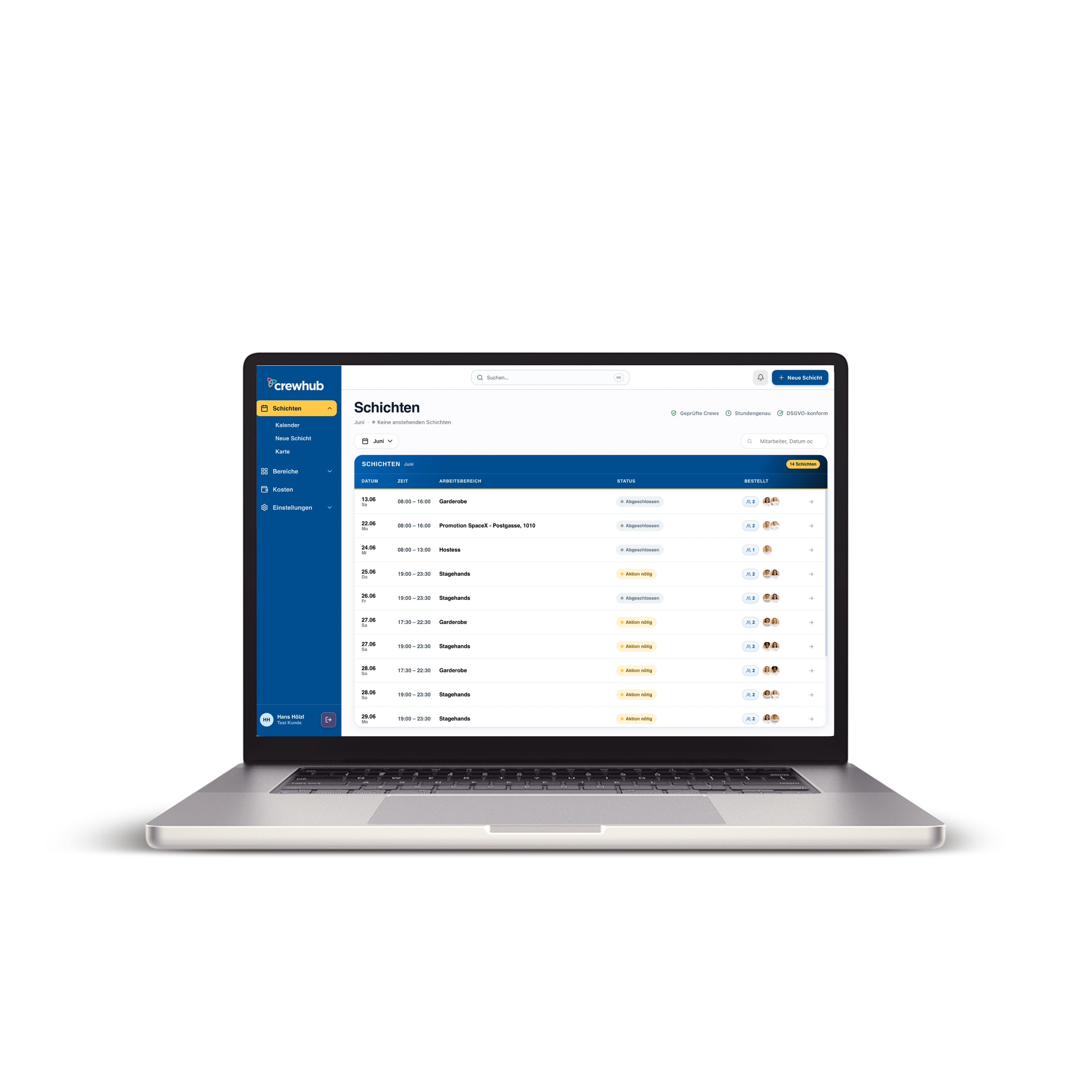 crewhub Kundenplattform auf einem Laptop: Schichtübersicht mit Status, Arbeitsbereichen und gebuchten Crews.