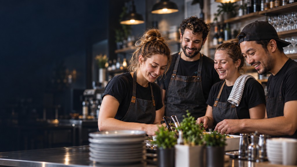 Vier eingespielte Aushilfen in einem modernen Café.