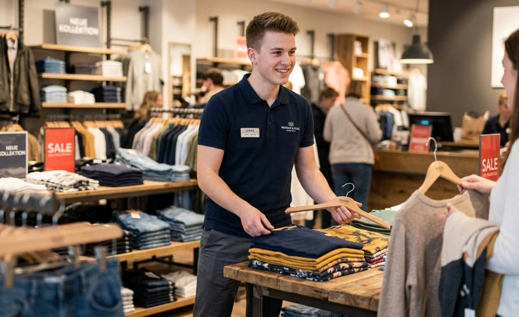 Mitarbeiter im Einzelhandel berät Kunden im Modegeschäft – Verkauf und Service im Shop