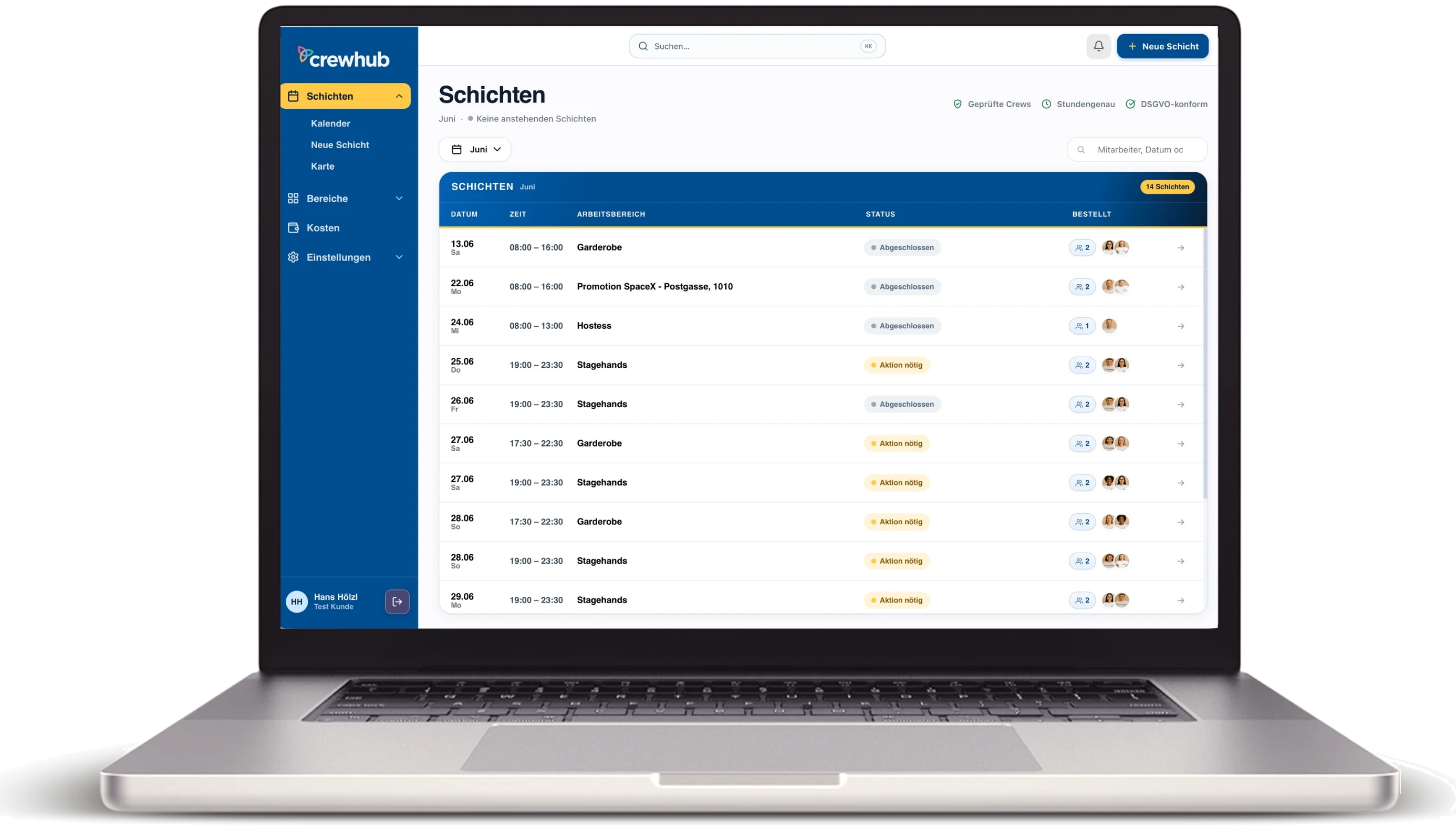 crewhub Kundenplattform: Schichtliste mit Status, Arbeitsbereichen und gebuchter Crew.