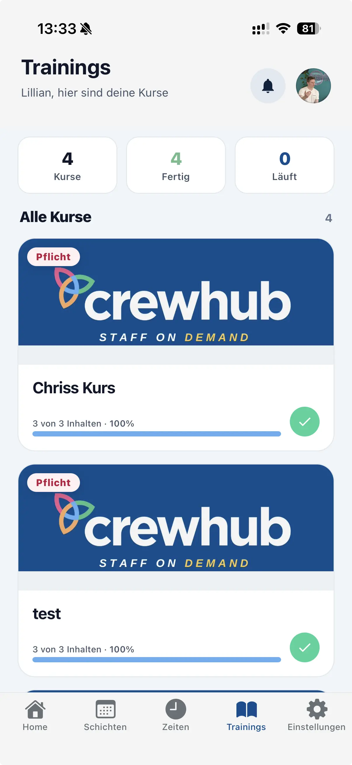 crewhub App: Trainings-Übersicht mit Pflichtschulungen und Lernfortschritt.